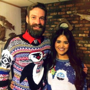 Casey and Jessica at an Ugly Sweater Party