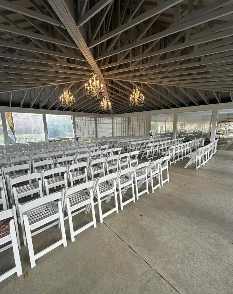Rows of chairs in an event space at Castle Farms.
