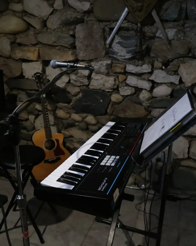 A guitar and keyboard set up in the Castle Pub at Castle Farms. 