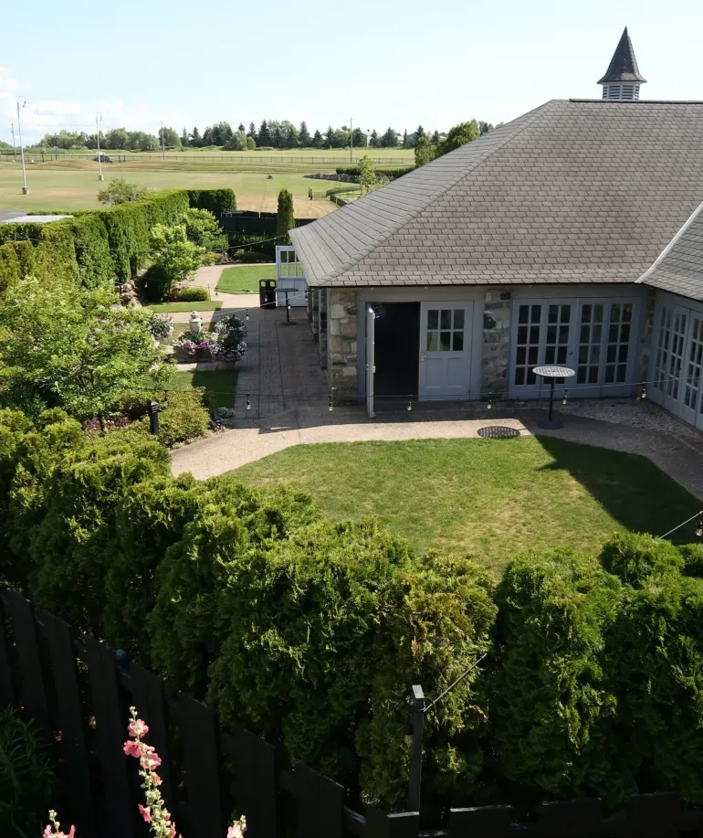 An aerial view of the green East courtyard at Castle Farms.