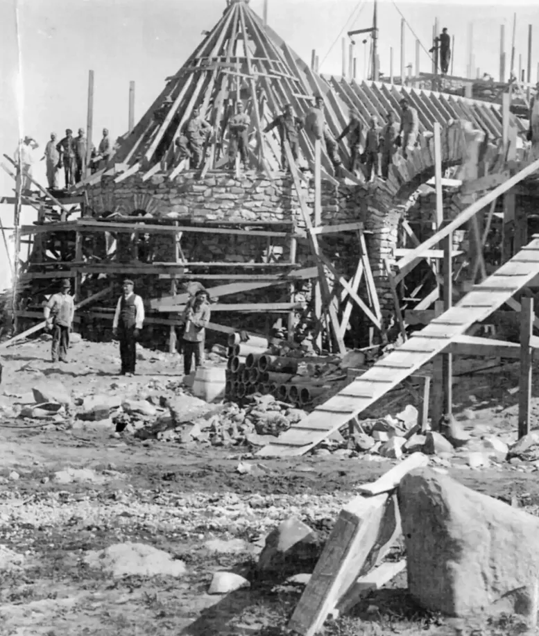 An old photo of the barn construction in 1917 at Castle Farms.