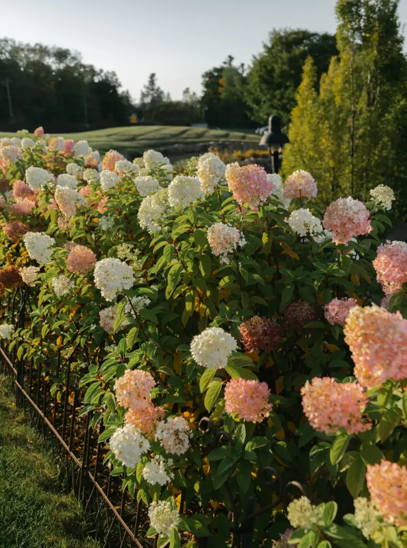 Bushes of pink and white flowers on the grounds of Castle Farms.