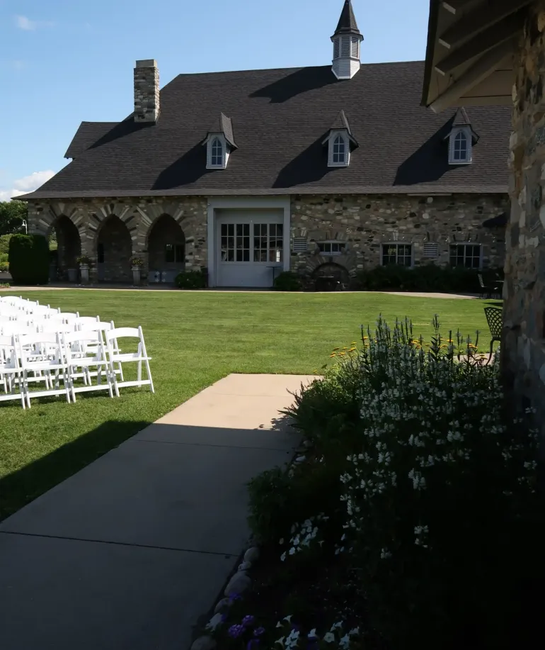 A side view of the Knight's Courtyard  set up for a wedding at Castle Farms.