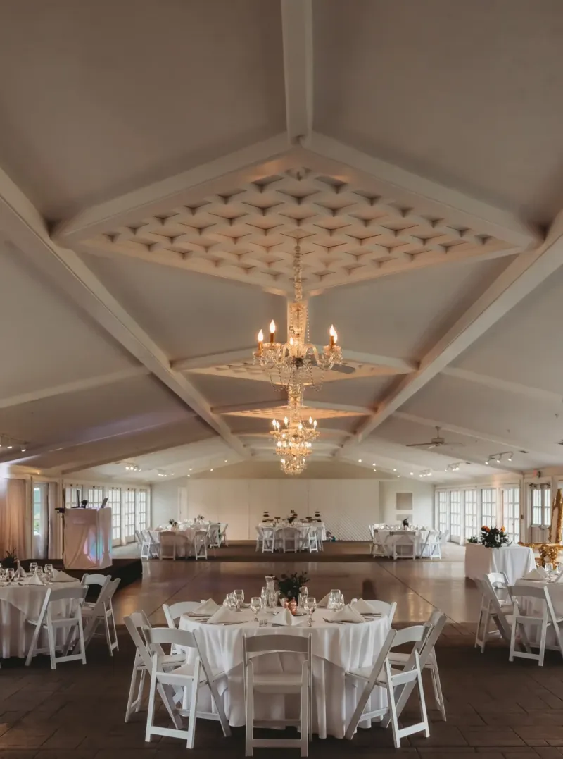The East Garden room set up with tables and chairs at Castle Farms.