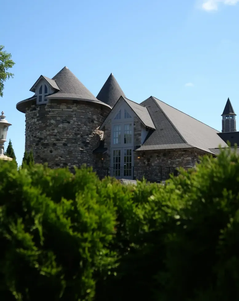 A castle behind hedges on the grounds of Castle Farms.