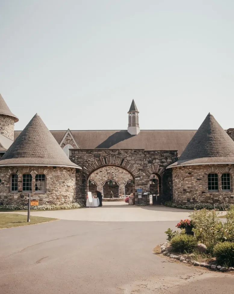 A view of a castle from the pavement at Castle Farms.
