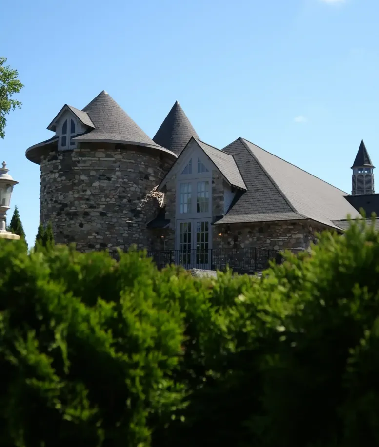 A castle behind hedges on the grounds of Castle Farms.